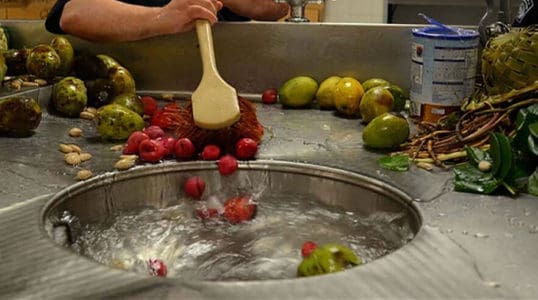 A person is scooping old red potatoes into the center of the Grinder Table. The center of the Grinder Table contains water and flushes food waste into the shredder contained within the system.