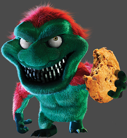 Muffin Monster holding a chocolate chip cookie
