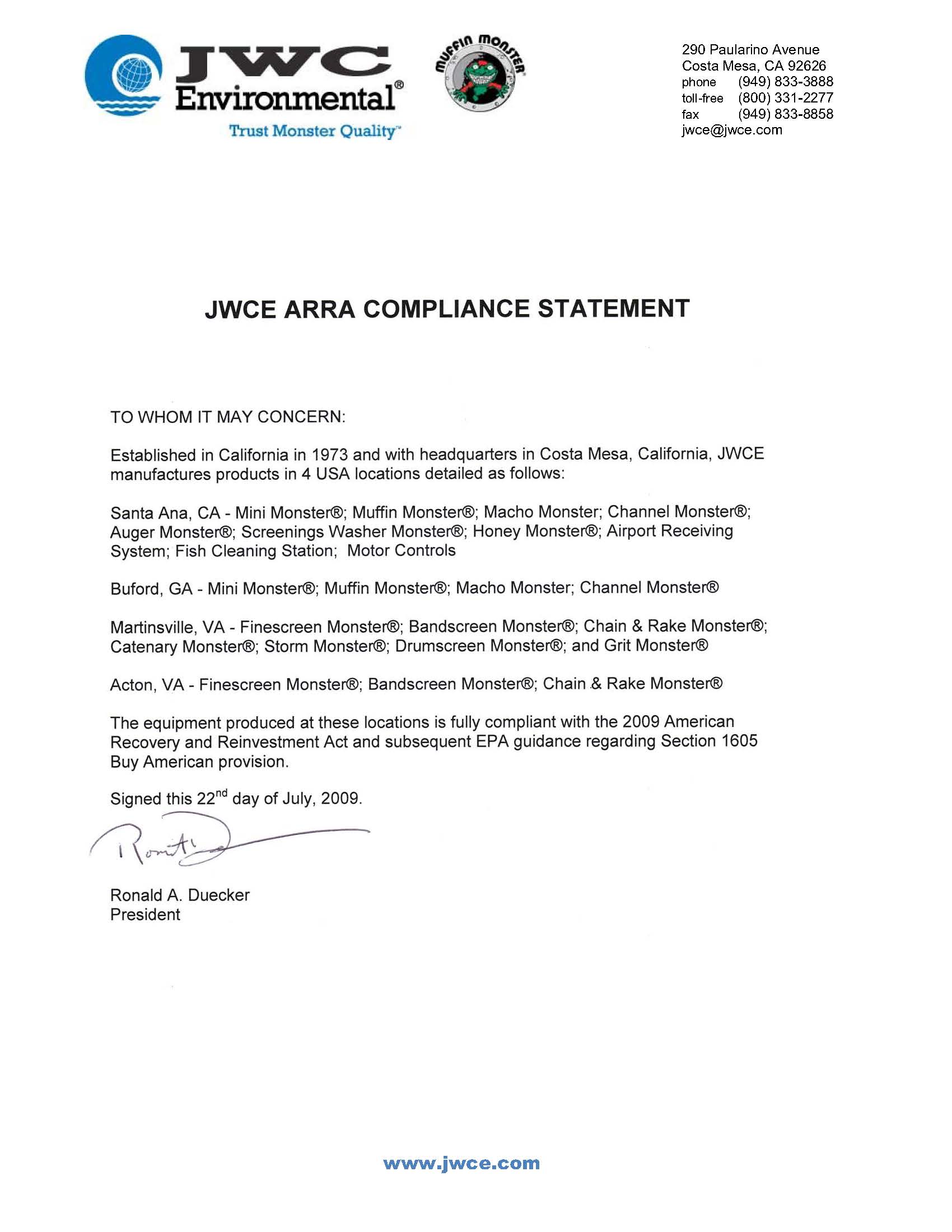 JWC ARRA Certificate Compliance Letter