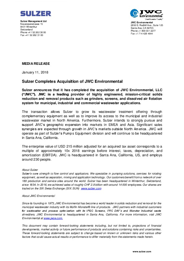 Sulzer JWCE Media Release