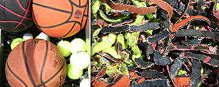 basketballs and tennis balls being shredded with JWC Environmental's Zero Waste Monster