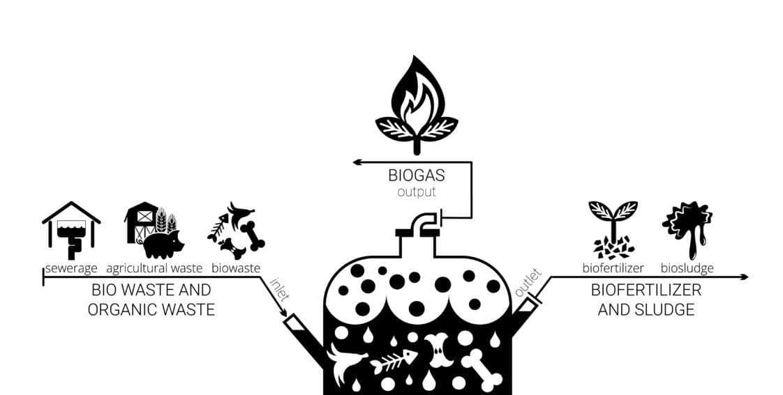 A black-and-white diagram showing how the anaerobic digestion process works. The diagram shows a biodigester. To the left of this image are the words "bio waste and organic waste" with an arrow pointing down that indicates that this waste goes into the biodigester. To the right are the words "biofertilizer and sludge" with an arrow pointing away from the biodigester, showing that biofertilizer and sludge come out. On top of the biodigester is the word "biogas," and indicates that biogas is the output of the anaerobic digestion process
