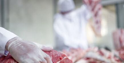 A latex-gloved hand is touching a slab of cow meat. A blurred person in the background is handling ribs.